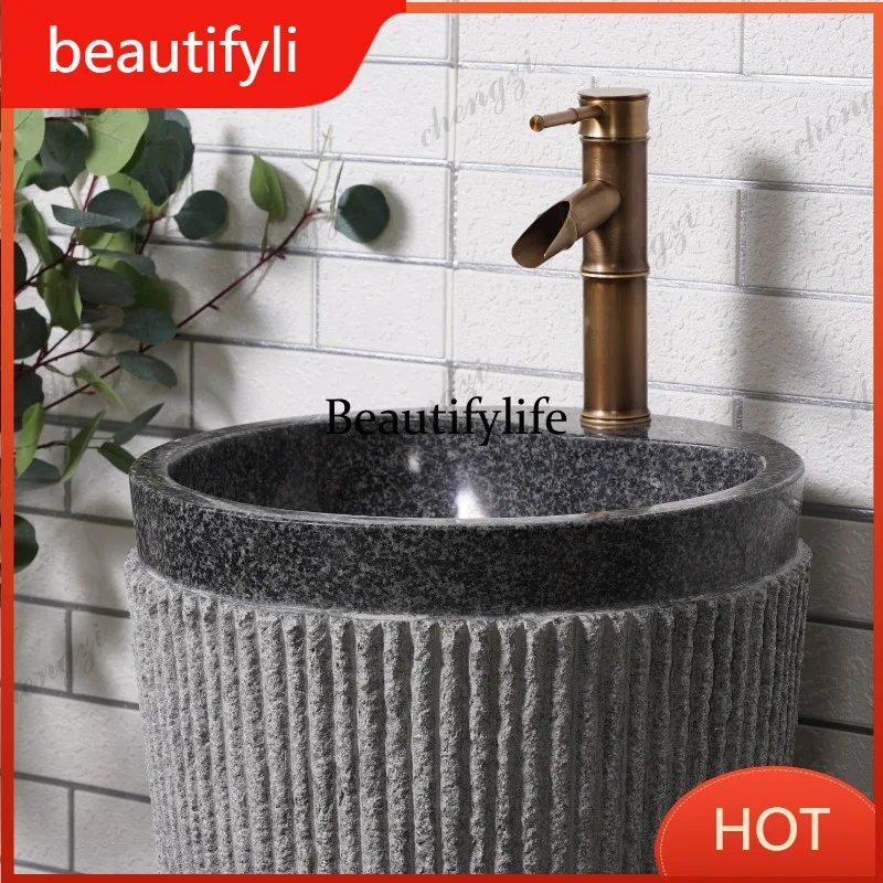 A139 Outdoor courtyard wash basin, villa garden integrated pillar basin, natural stone wash basin