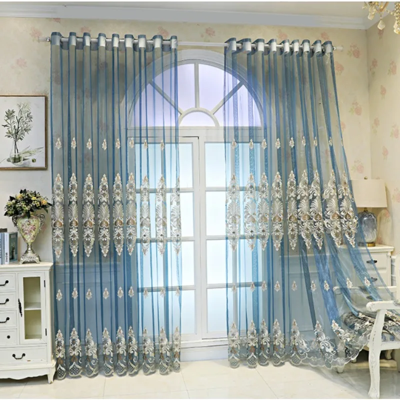 European High-end Atmospheric Blue Embroidered Four-season Gauze Curtains for Living Room, Bedroom and Balcony Curtains