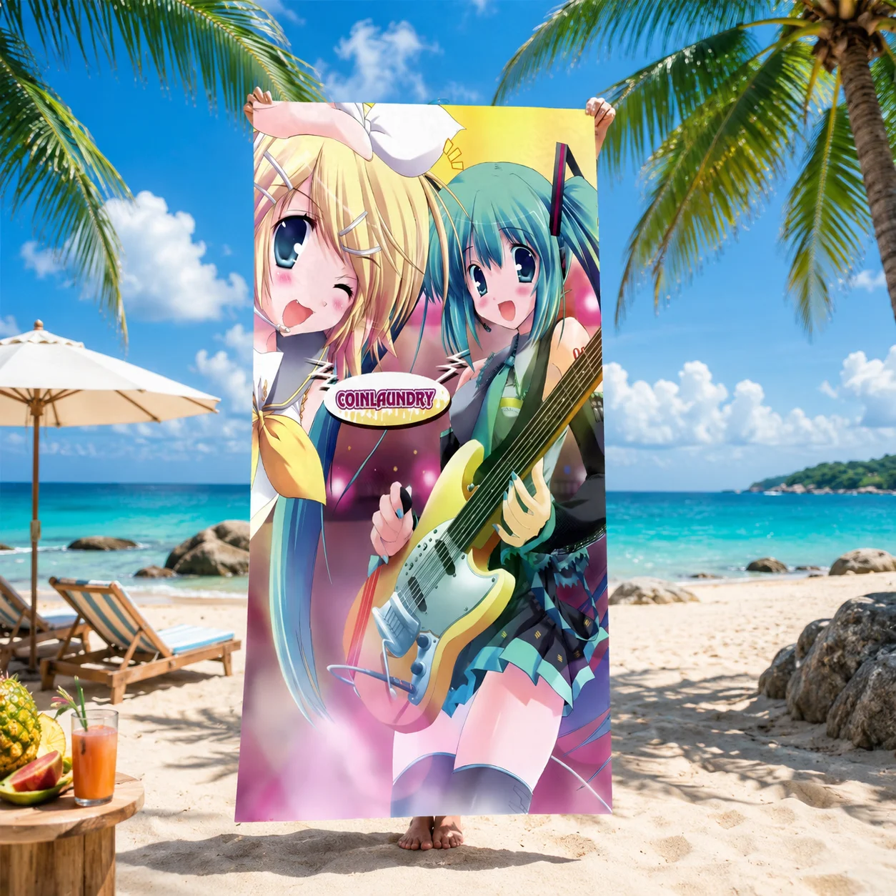 初音ミク-鏡音リン-ギタービーチタオル、ボーカロイドアニメマイクロファイバー速乾砂がつかない夏用水泳タオル
