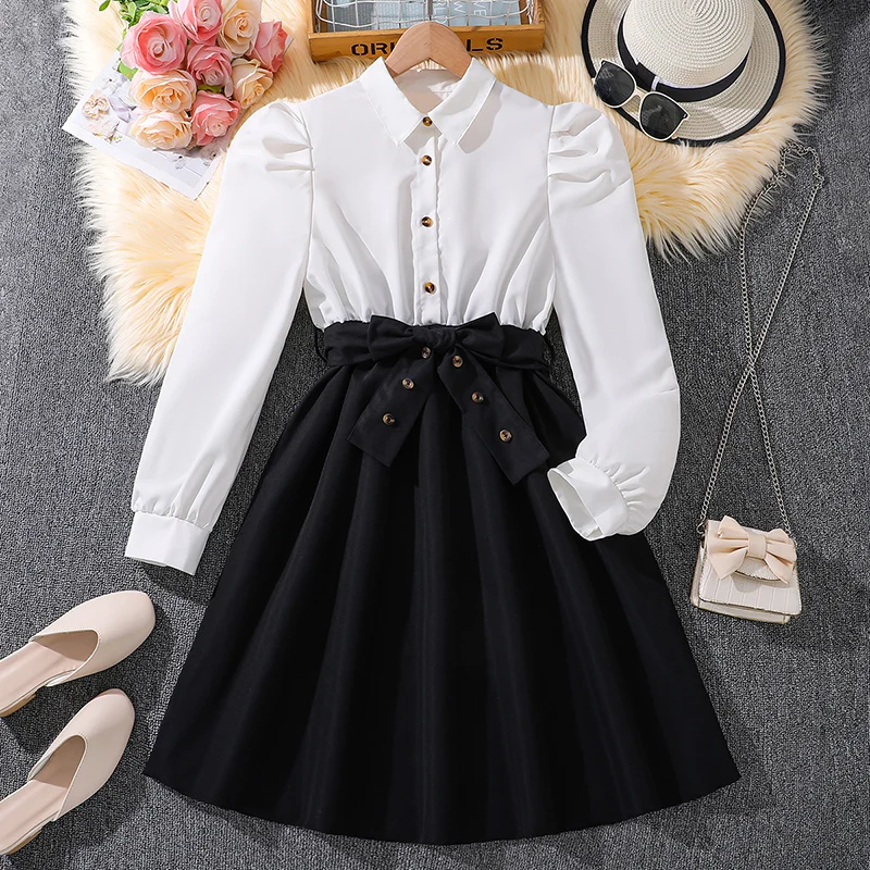 

Elegant Young Girls' Long Sleeve Dress with White Lapels Bubble Design Black Hem Knee-Length Skirt for Spring And Autumn