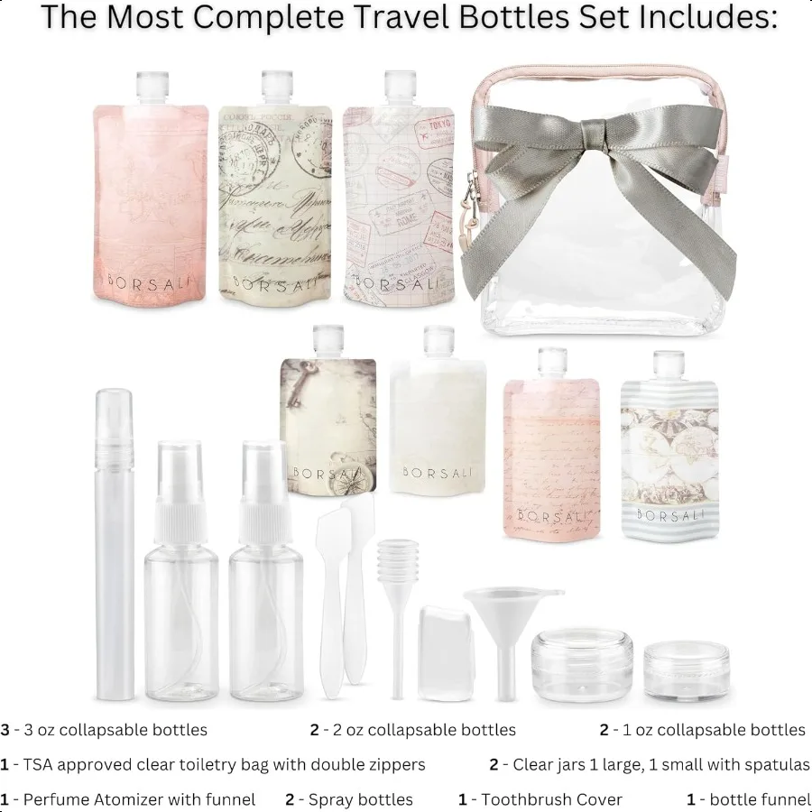 Garrafas de viagem BORSALI para produtos de higiene pessoal aprovadas pela TSA Recipientes de tamanho de viagem de 3 onças para líquidos Bolsas planas recarregáveis vazias