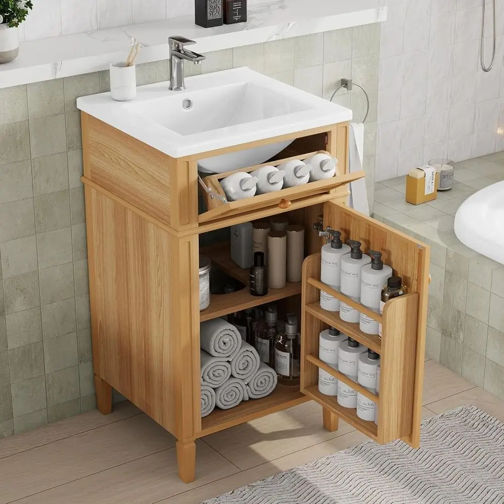 

20 Solid Wood Bathroom Vanity with Sink, Storage Cabinet, Tip-Out Drawer & Adjustable Shelf Organizer