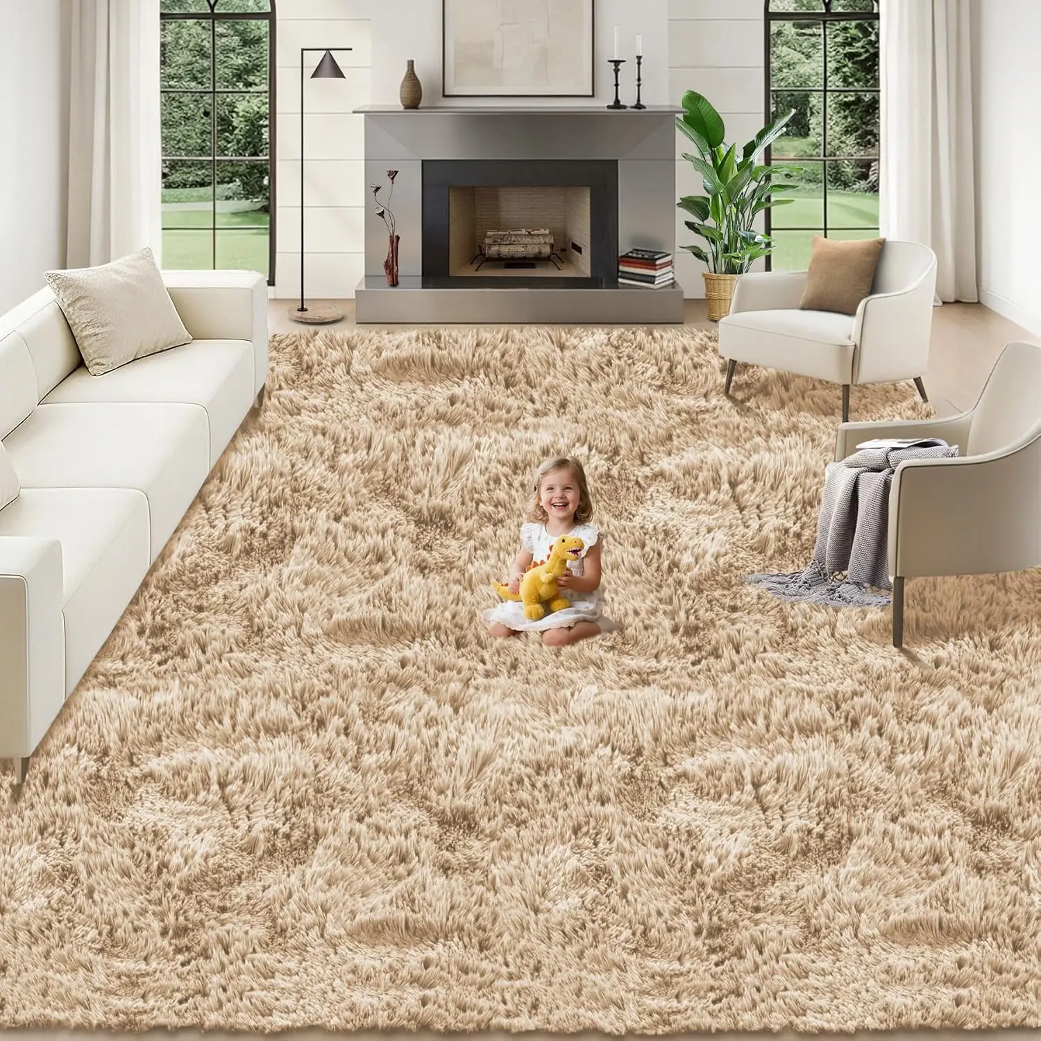 

8x10 Area Rugs for Living Room Soft Camel Fluffy Shag Washable Plush Indoor Carpet