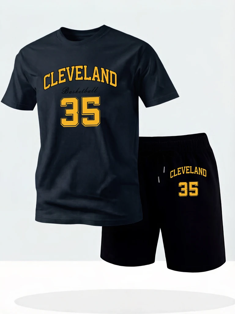 

Cleveland Basketball 35 Printed Cotton Beach O-Neck T-Shirt Breathable All-Match Tops For Man'S Sets Running Summer Short Pants