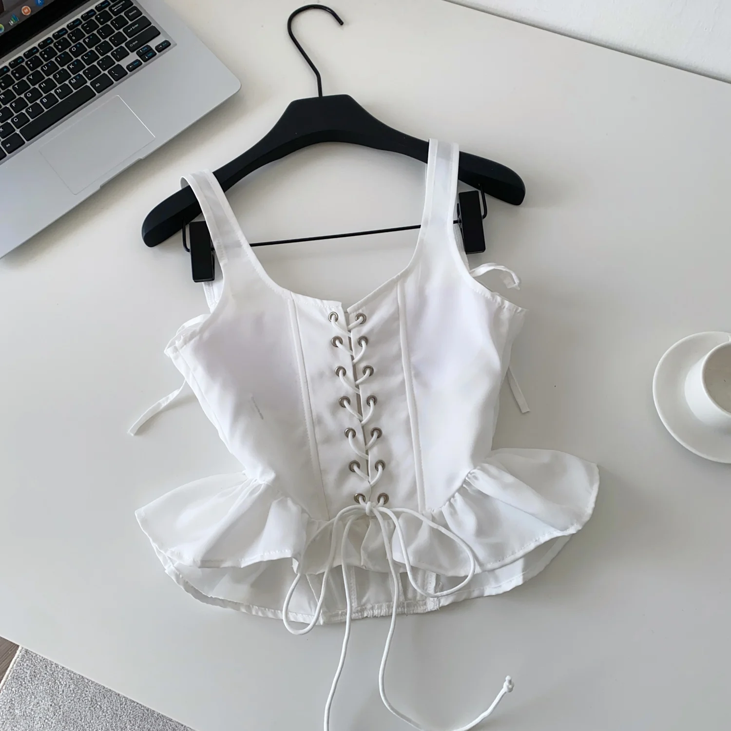 Chic Vintage sleeveless ruffle satin off shoulder Tank Top Korean Fashion autumn Women Sling Crop Top