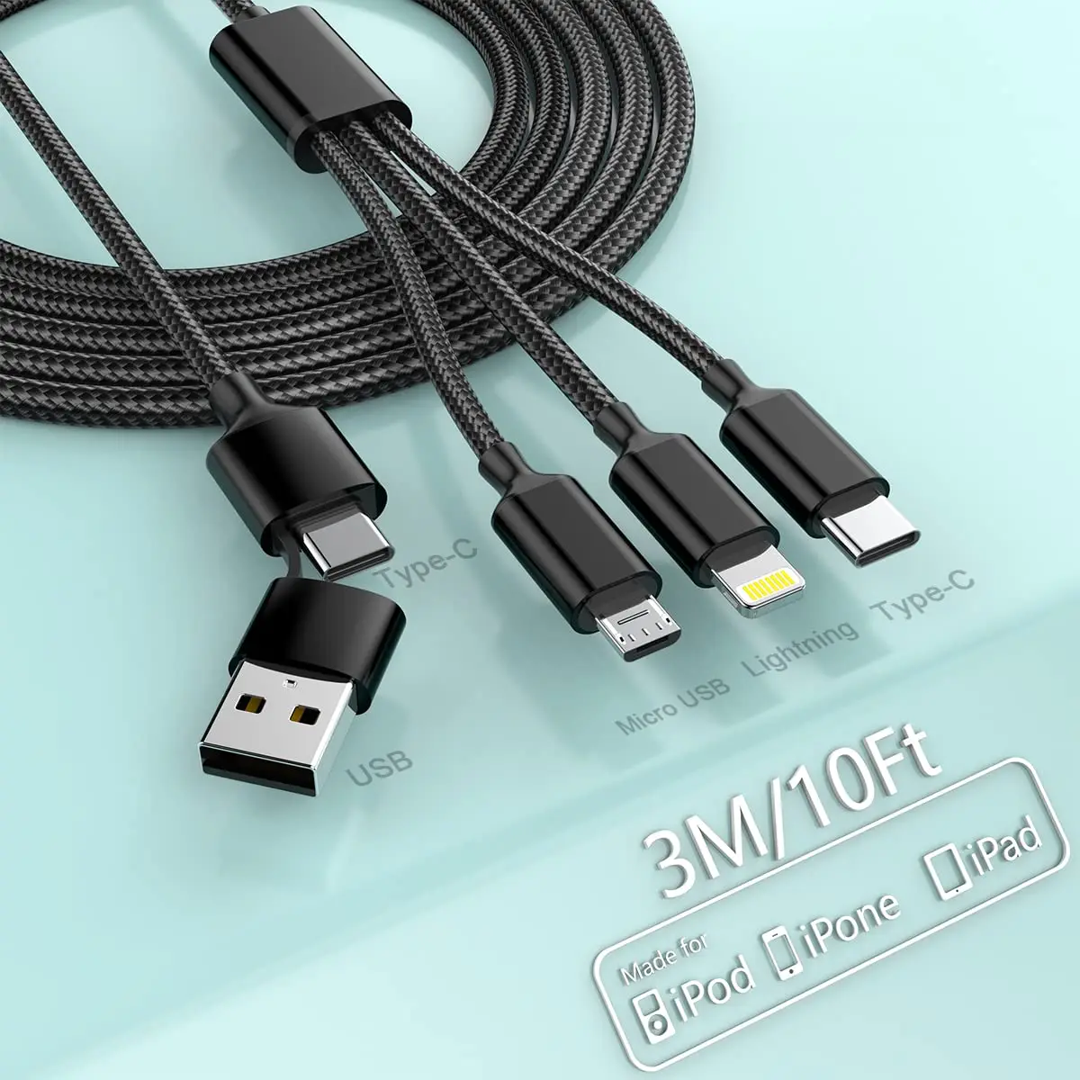 3M USB to Lightning Type C Micro USB Phone Cable Fast Charging Apple Nylon Braided Cord for iPhone Huawei LG Pixel Samsung
