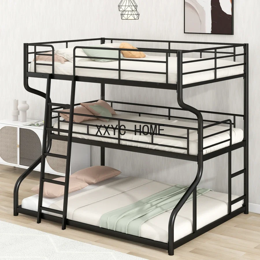 

Full XL over Twin XL over Queen Size bed,Triple Bunk Bed with Safety guardrail,Long and Short Ladder,Unique curved metal frame