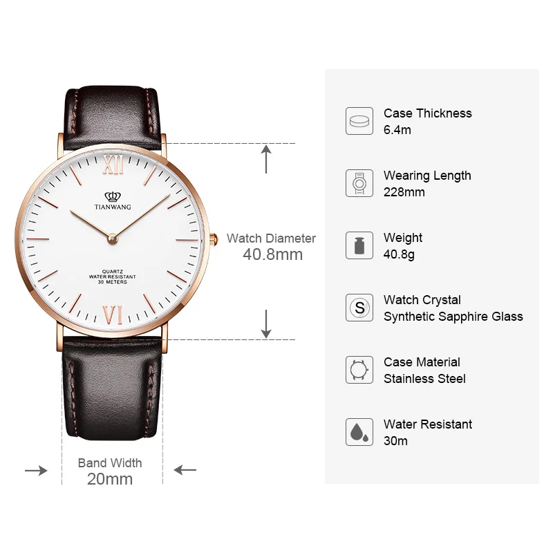 Men Watches TIAN WANG Business Leather Quartz Watches For Men 40.8mm Dial Simple Sapphire Crystal Male Clock ساعات يد رجالية