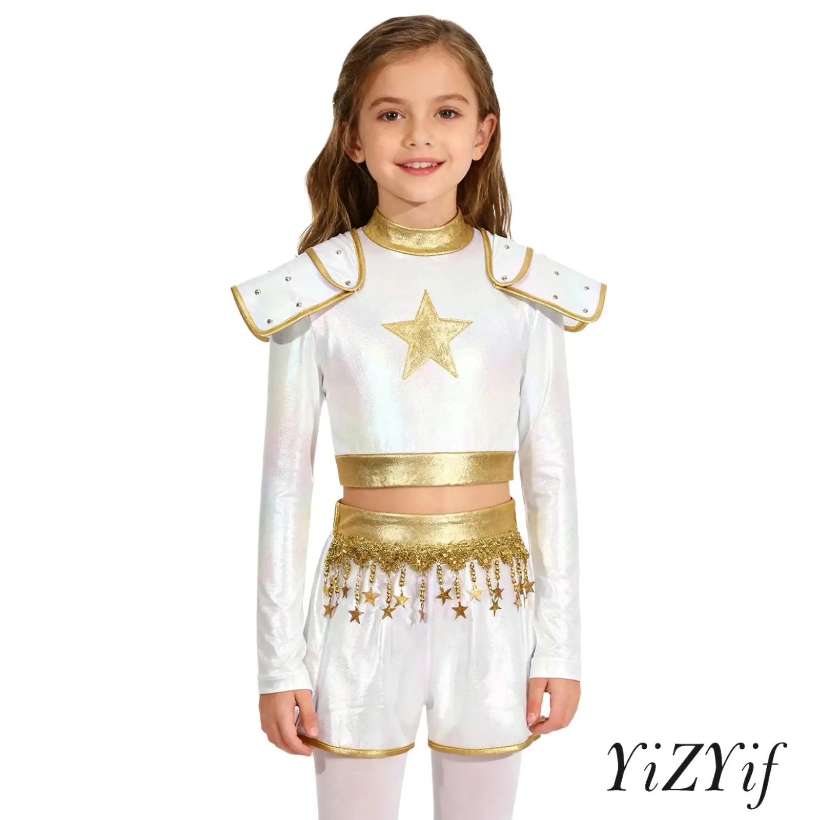 

Kids Girls Disco Singer Costume Set Illusory Luster Long Sleeve Crop Top with Sequins Tassels Shorts Halloween Carnival Dress Up