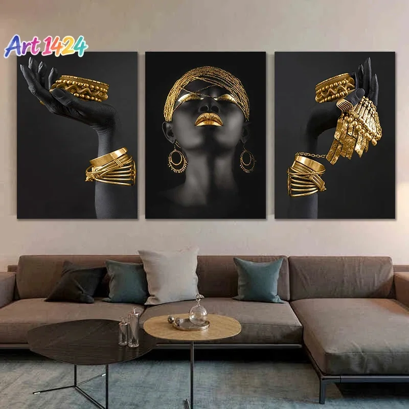 African Woman Wall Art Painting Posters And Print Big Black Woman Holding Gold Jewelry Canvas Picture For Living Room Home De