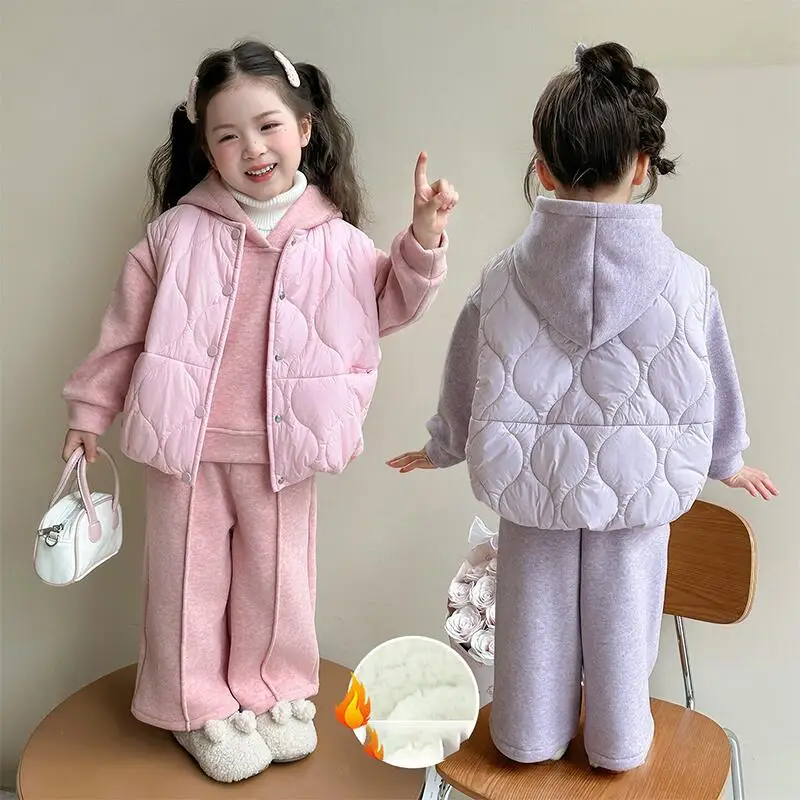 

Girl Vest Hoodie Pants Three-Piece Set Winter Autumn Child Thicken Tops Straight-Leg Pants Kawaii Fashion New Casual Clothing