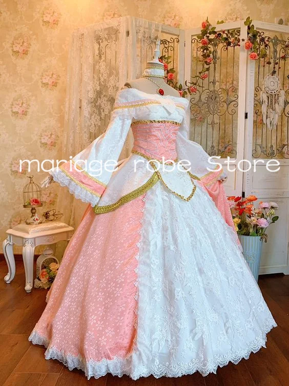 White Pink Princess Victorian Prom Dresses Civil War Gypsy Medival Fairytale Long Sleeve Corset Evening Gown Costume Cosplay