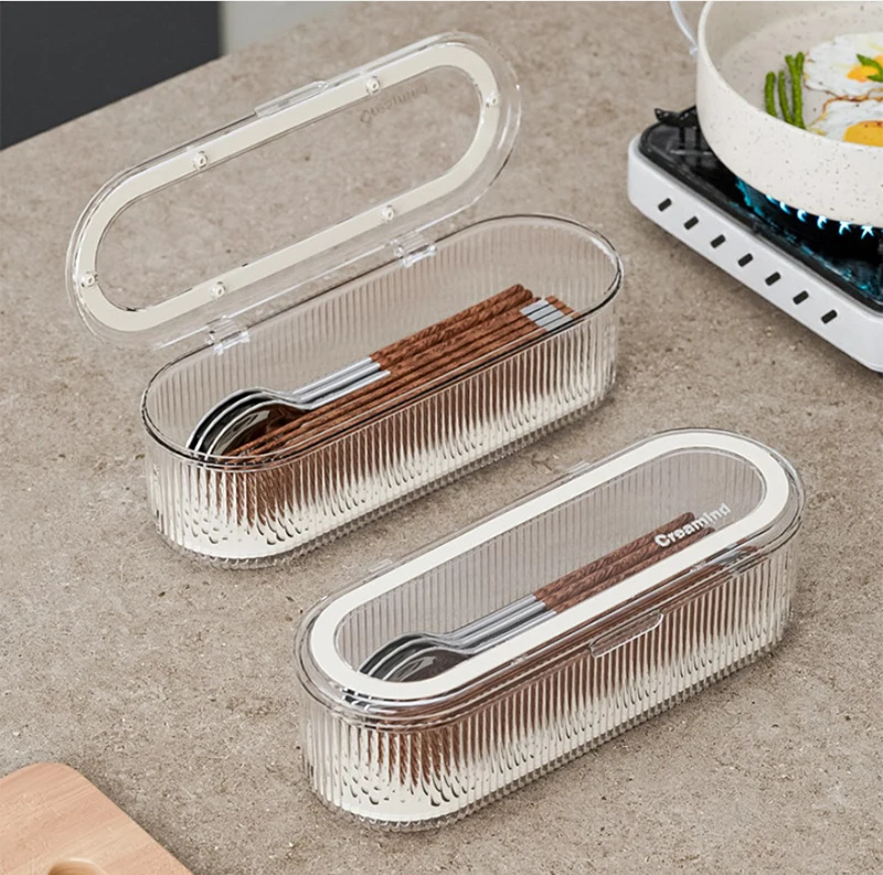 ~Household Dustproof Chopstick Box With Lid Kitchen And Restaurant Spoon Fork Cutlery Storage Box Light Luxury Transparent