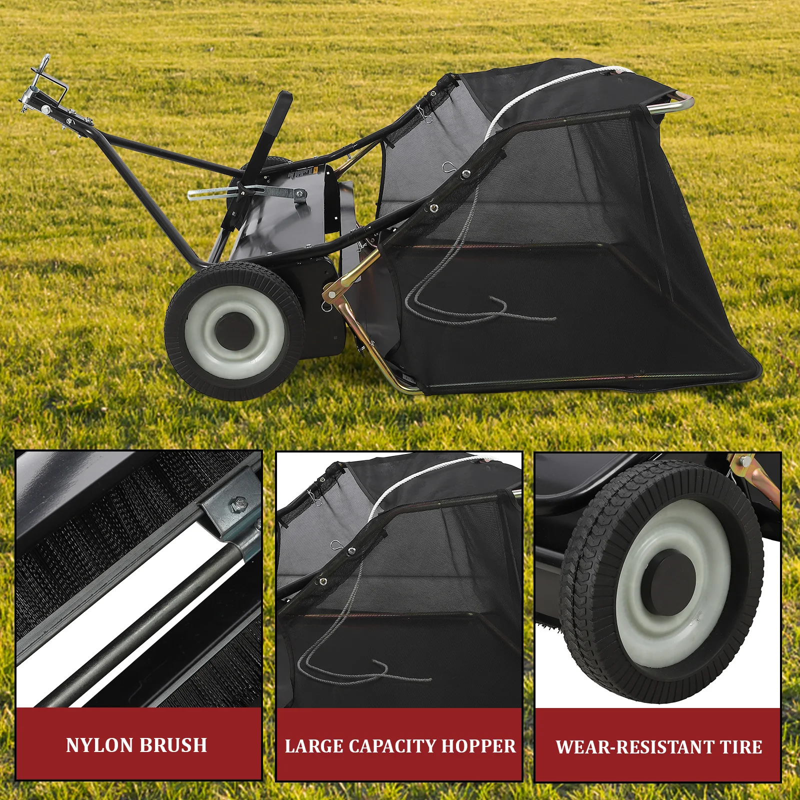 Tow Behind Lawn Sweeper 42 Inch, Large Capacity Heavy Duty Leaf Collector with Adjustable Sweeping Height, Dumping Rope Design