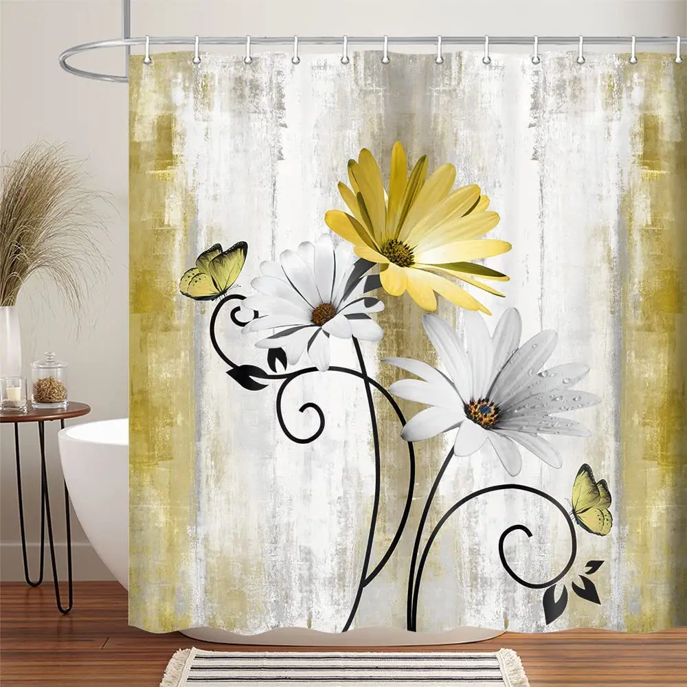 Teal Large Daisy Floral and Butterfly Shower Curtain Turquoise Bathroom Curtain  Waterproof Bathroom Decoration With Hooks