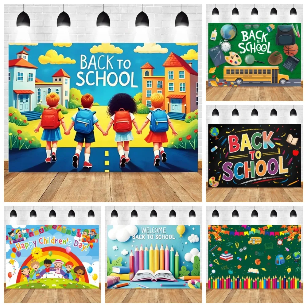 

World Global Bookshelf Blackboard Pencil Theme Backdrop, Kindergarten Return To School, Birthday Decoration Photography Backdrop