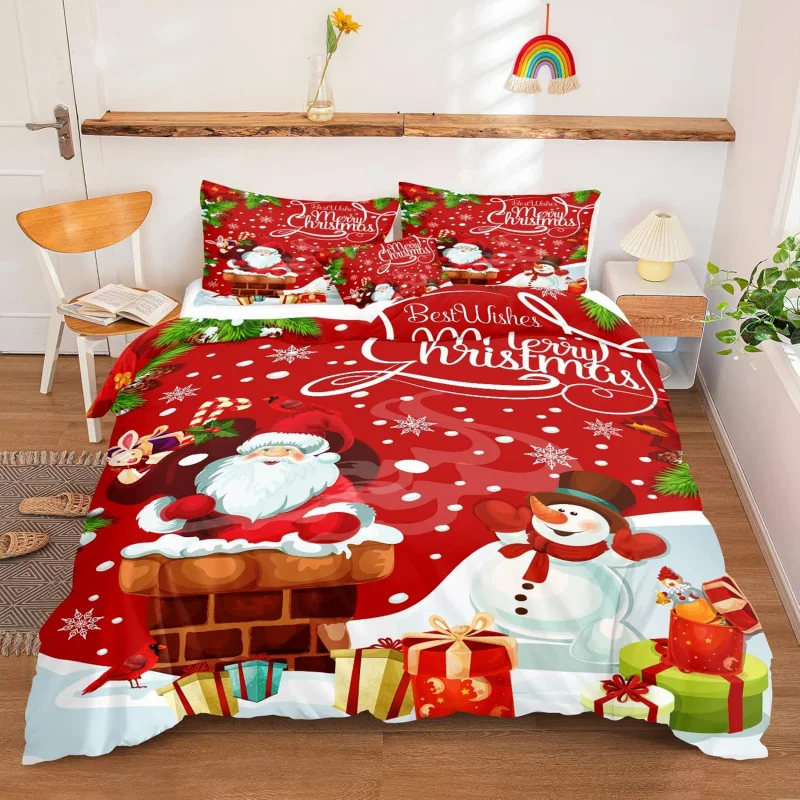 

Christmas duvet cover, white snowflakes, Santa Claus gift design, red large size, 1 duvet cover, 2 pillowcases