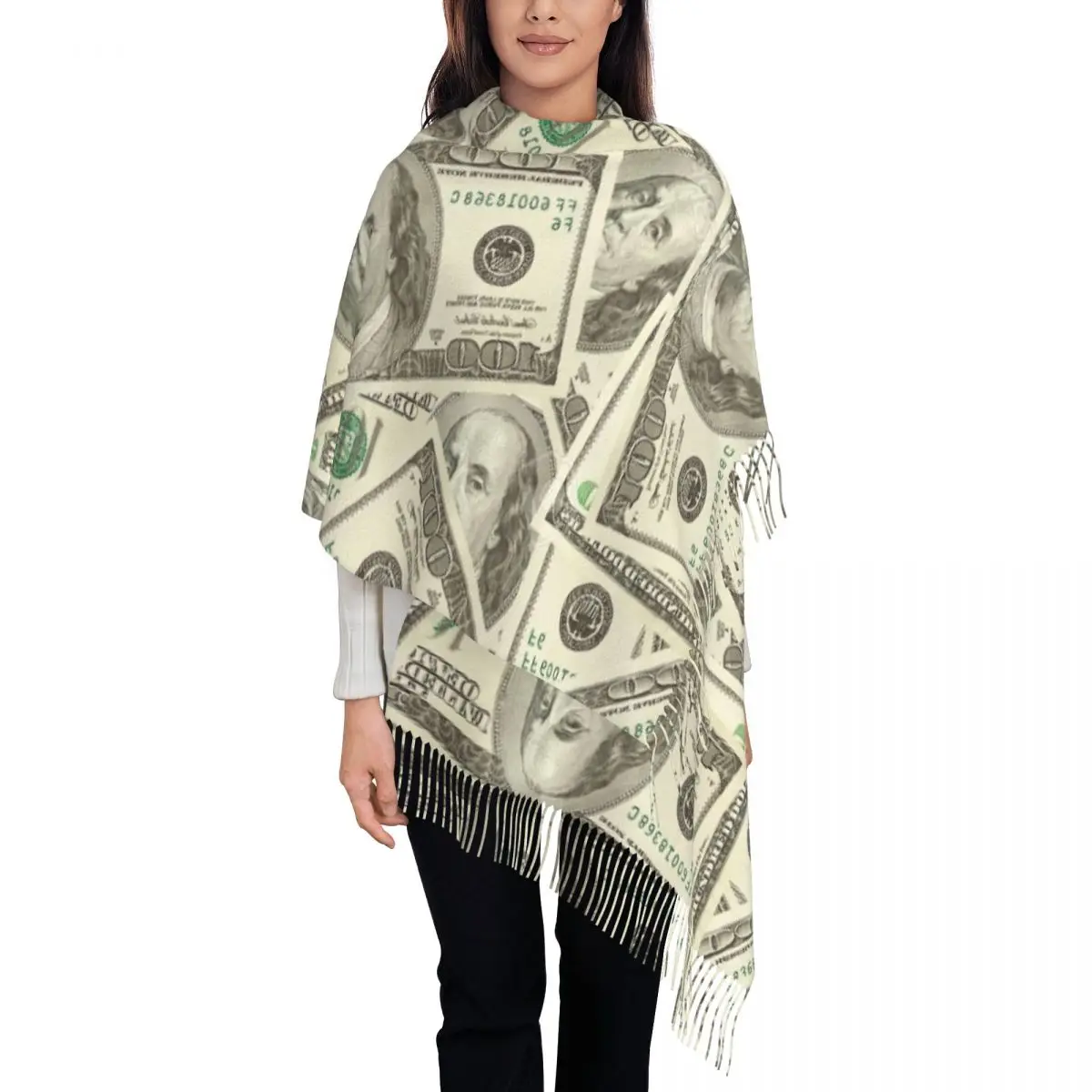 

100 Dollar Bills Tassel Scarf Women Soft Money Shawl Wrap Ladies Winter Fall Scarves