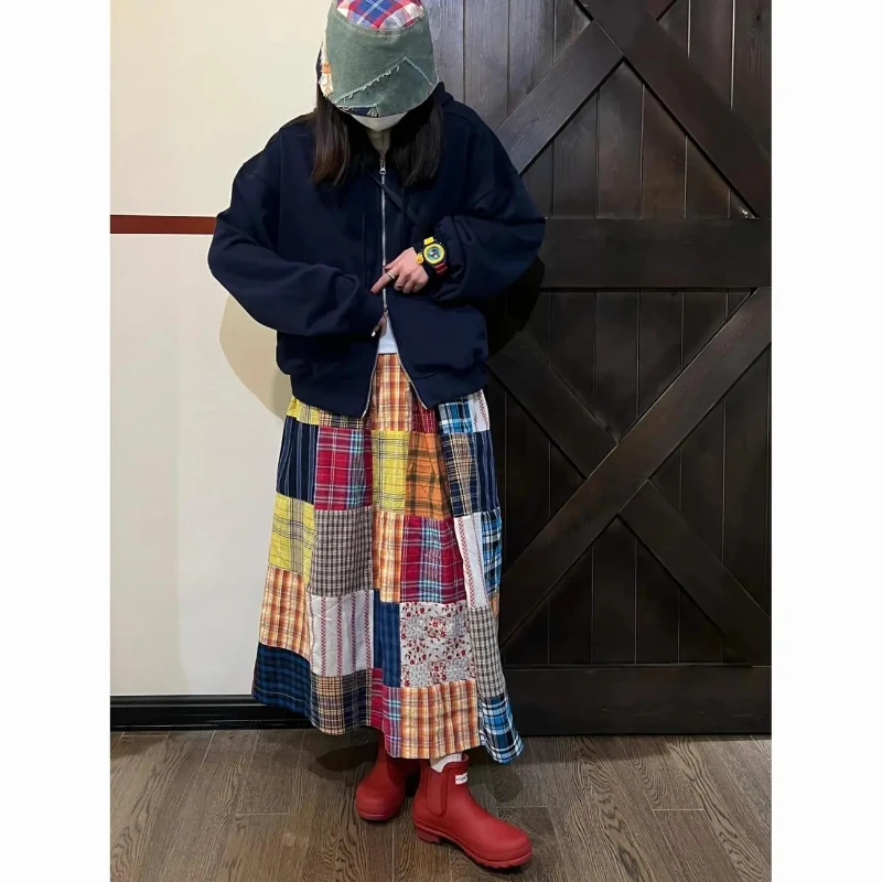 

Fashion Patchwork Plaid Long Skirt Women Vintage Large Swing A-line Skirts Faldas Spring Harajuku Y2k Casual Streetwear