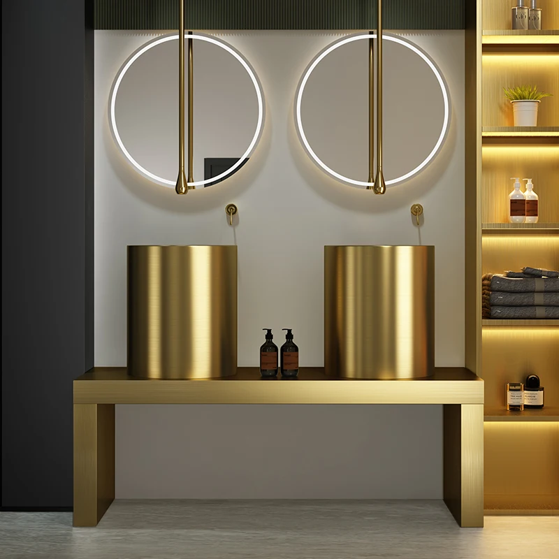 Round Gold Stainless Steel Column Basin Internet Celebrity Creative Floor Integrated Wash Basin Art Basin