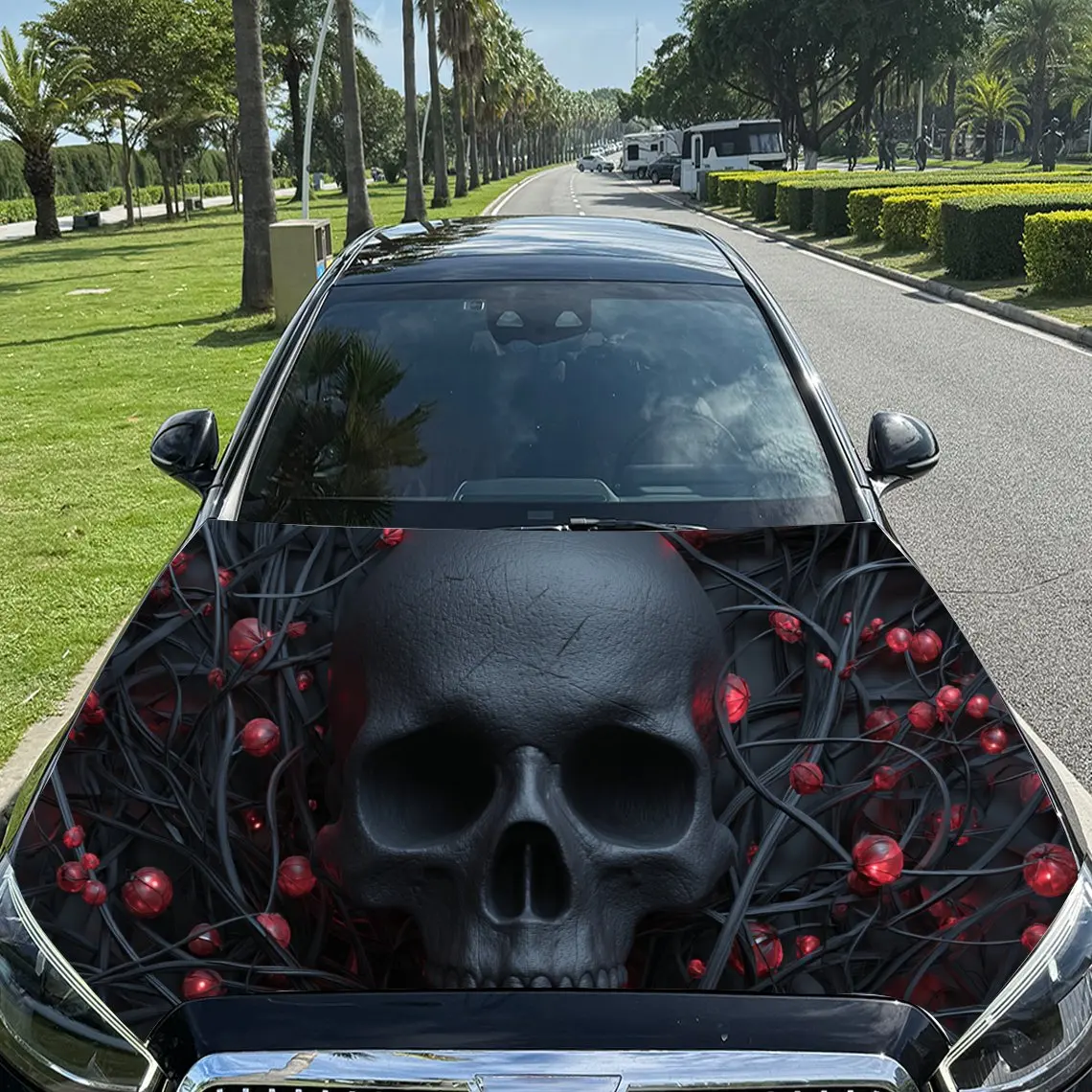 

Dreamy Skull in a Dark and Mystical Scene PVC Car Engine Hood Vinyl Wraps, Self-Adhesive Waterproof Car Hood Decal Sticker, Car