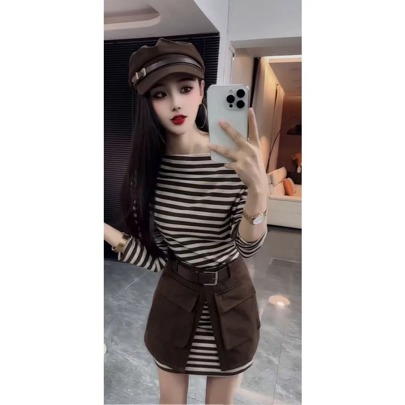 خريف جديد الكورية نمط واحد الكتف مخطط طويل الأكمام تي شيرت المرأة موضة عالية الخصر ملابس العمل تنورة قطعتين مجموعة #3