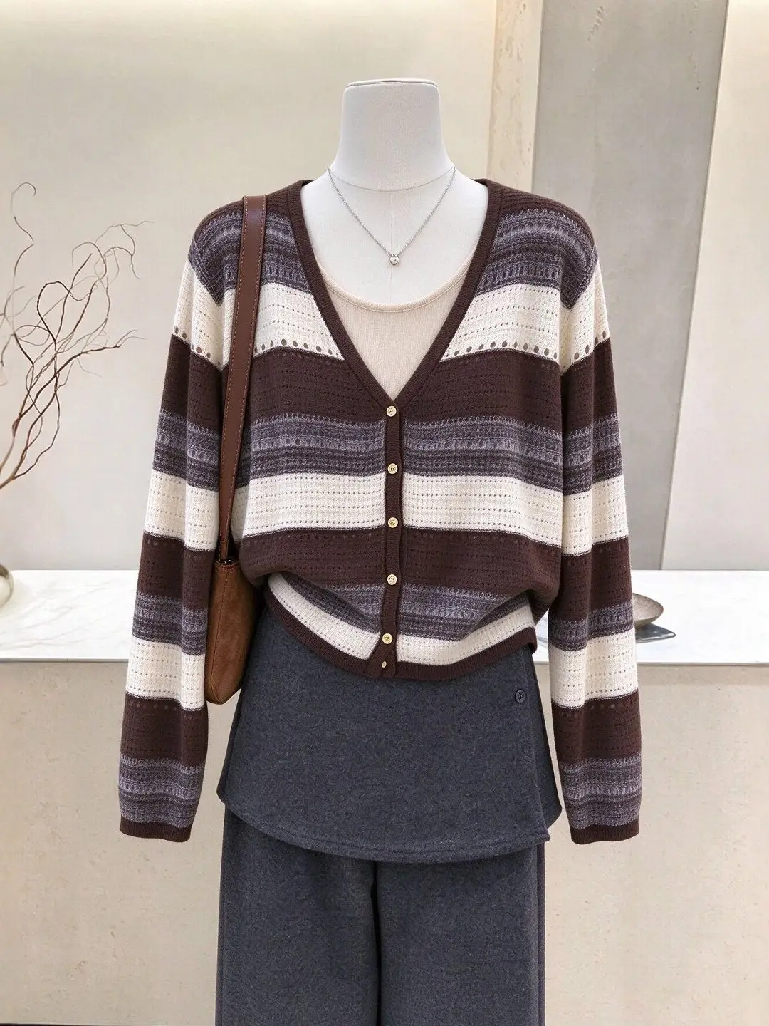 High-End Long Sleeve Open Cardigan Striped Slim Fit Knitted Top Lazy Style Versatile Autumn Fashionable Ladies' Knitted Sweater