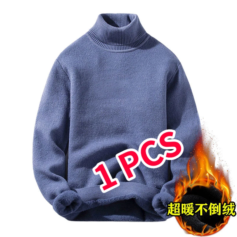 2PCS Men\'s Fleece Thickened Mid/high collar Sweater Winter Men Solid Color Sweater Cold-proof Warm Pullover Bottoming Shirt 5XL