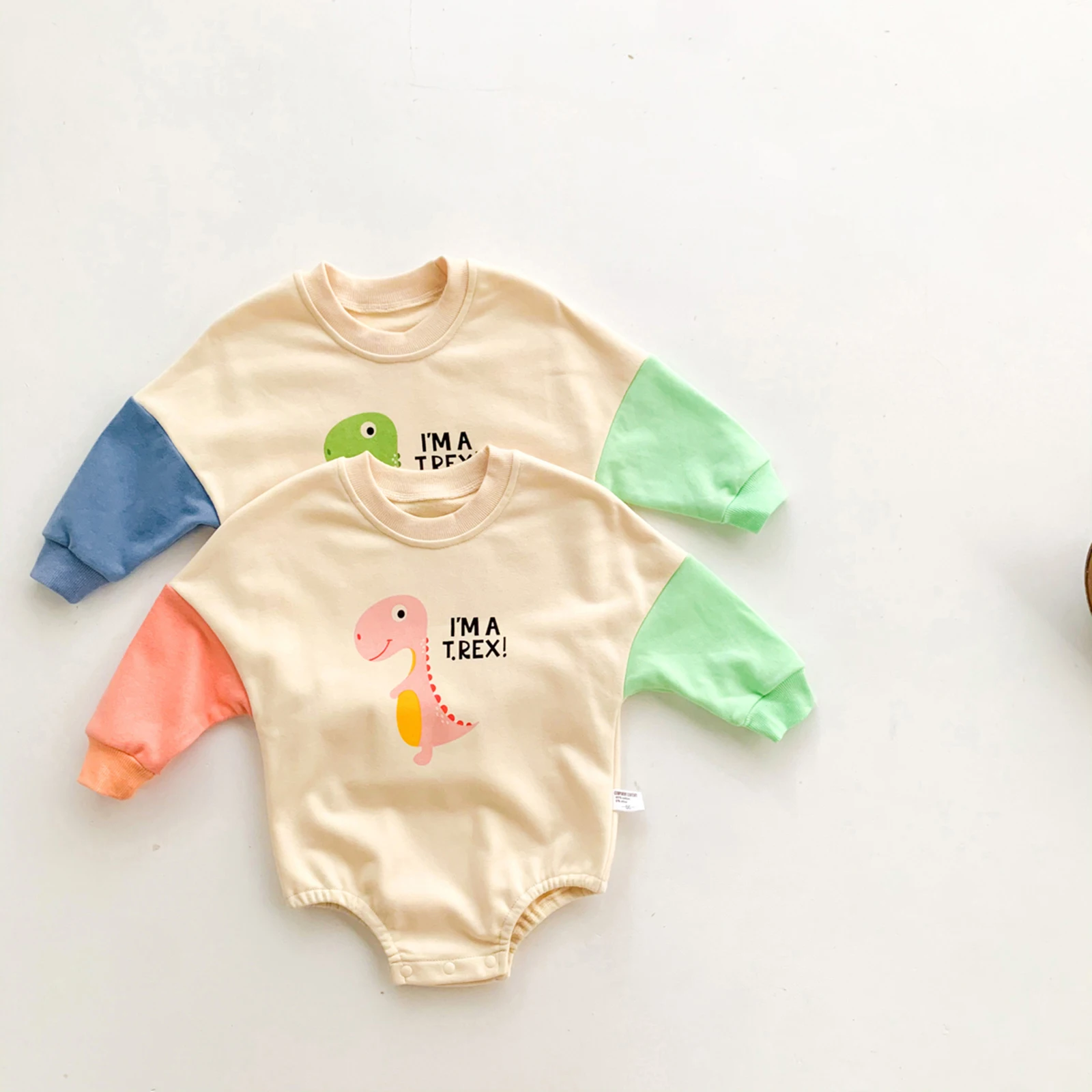 Newborn Baby Girls Boys Cute Romper Color Patchwork Long Sleeve Cartoon Dinosaur Print Crotch Buttons Jumpsuit