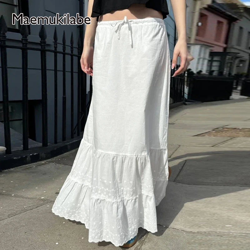 

Maemukilabe Embroidered Prairie Flowy Skirt Preppy Cottage Ruffle Hem Maxi Skirt Aesthetic Fairy Coquette Y2K Vintage Long Skirt