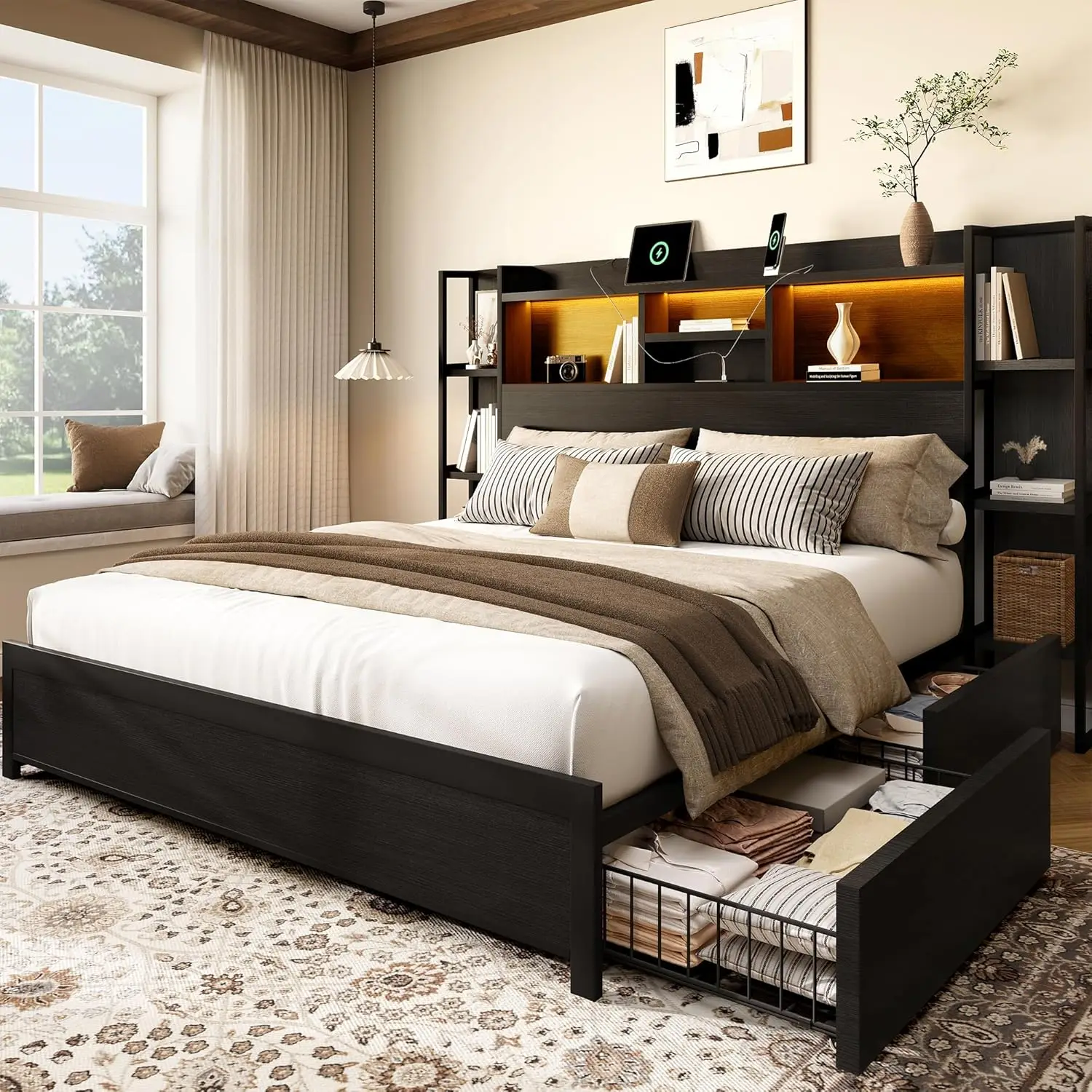 Queen Size Bed Frame with 4 Storage Drawers and Headboard Featuring Shelf Storage, Wooden Platform Bed Frame with, Customized