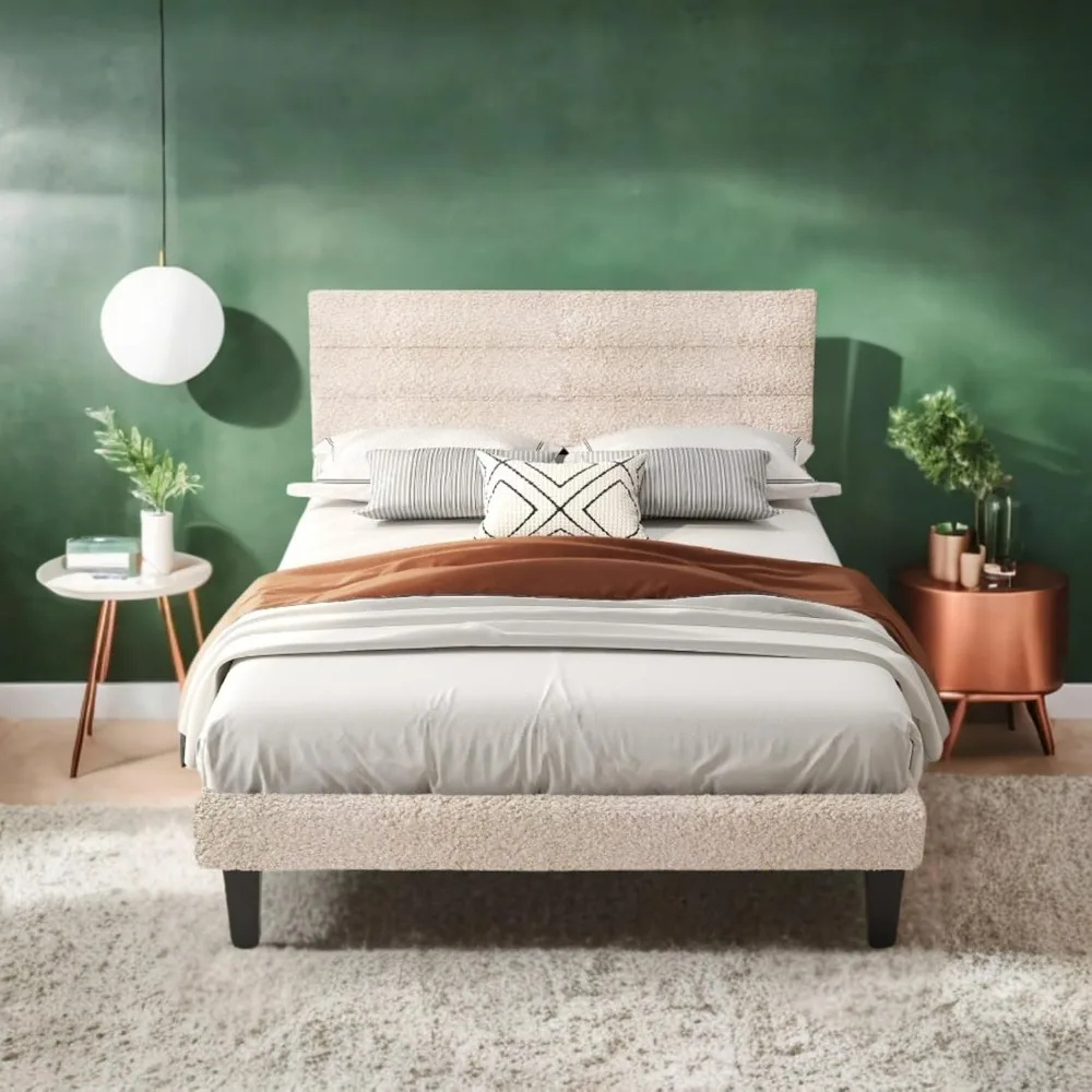 

VINGLI Twin Bed Frame for Kids,Boucle Upholstered Platform Bed with Adjustable Headboard,Sturdy Wood Slats Support,Cloud Single