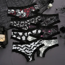 3pcs Underwear Women's Sexy Lace Halloween Rose Skull Ghost Spider pattern Personalized Comfortable Breathable Triangle Pants