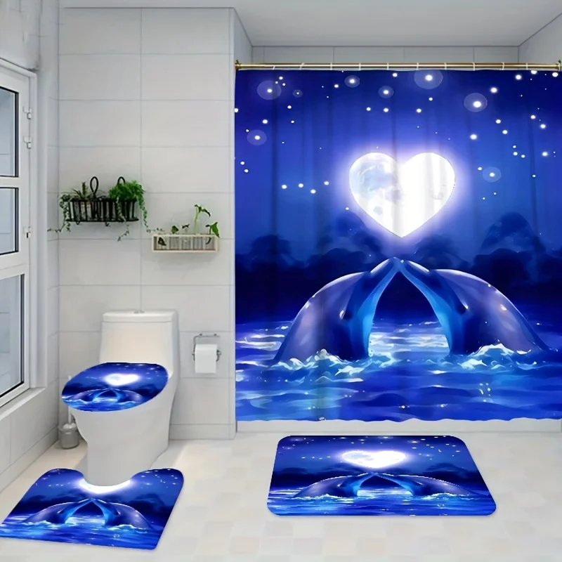 1/3/4pcs Heart Moon Dolphins Print Shower Curtain Set - Waterproof Bathroom Essentials with Non-Slip Rug, Toilet Lid Mat, and Ba