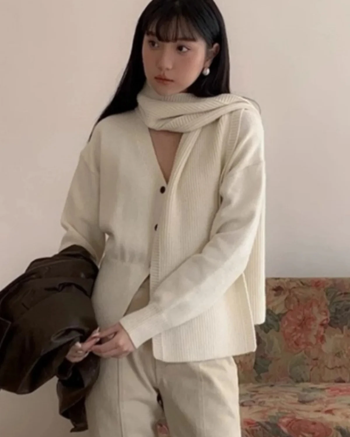 Koreaanse Sle Sweater Vest Lang Sve Dunne gebreide bovenkleding met sjaalkraag Loose Fit Herfst Winter Tweedelige set Dames...