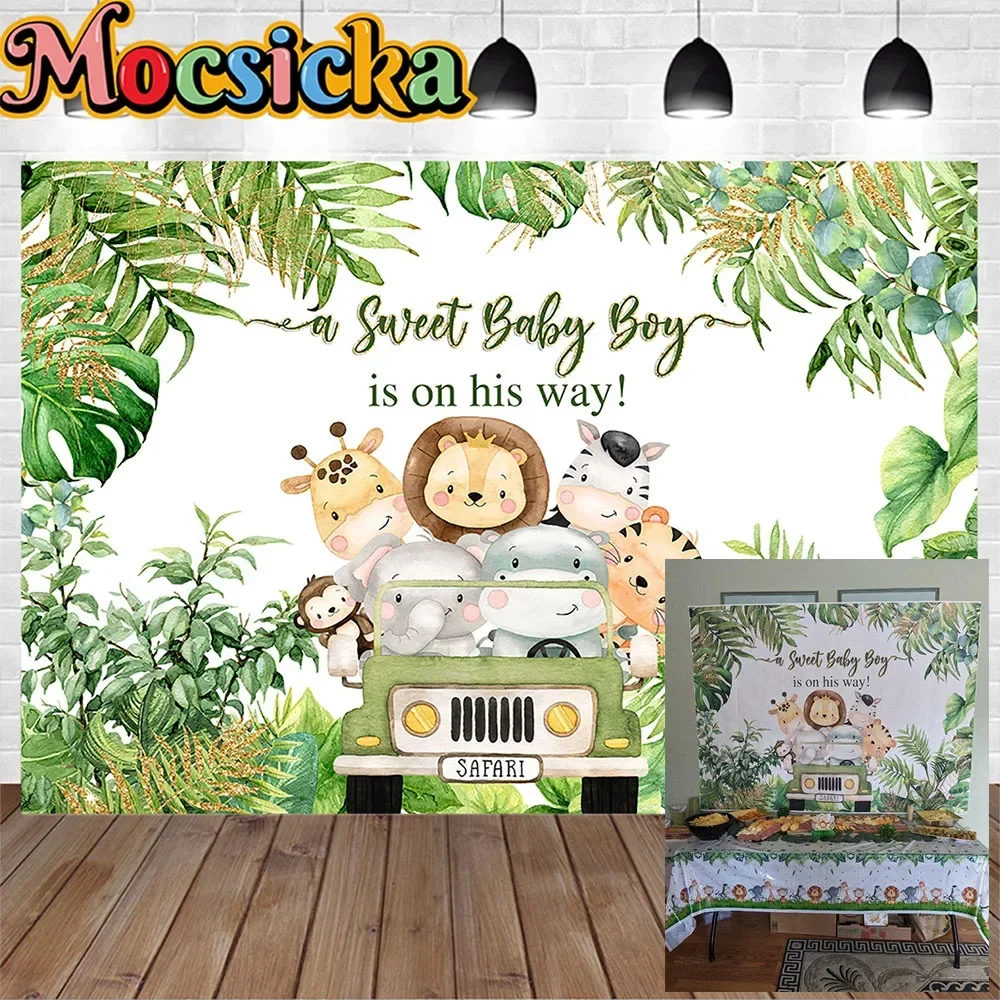 

A Sweet Safari Baby Boy is on His Way Birthday Party Photography Backdrop Tropical Jungle Animals Van Background Newborn Photo