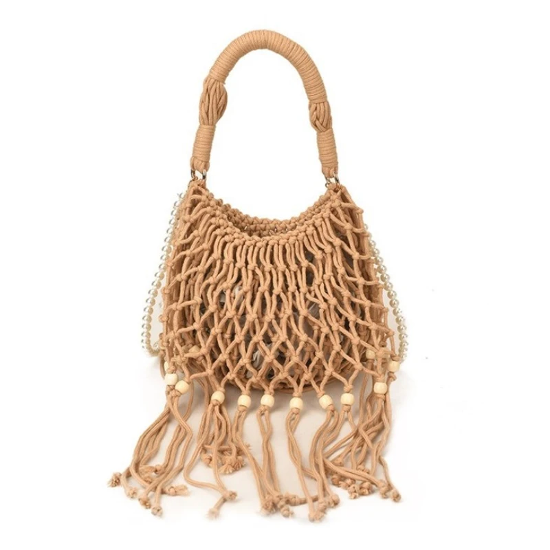 

Богемная этническая сумка через плечо, женская сумка-тоут с жемчужной цепочкой и ажурными кисточками, летняя сумка-корзина для рынка