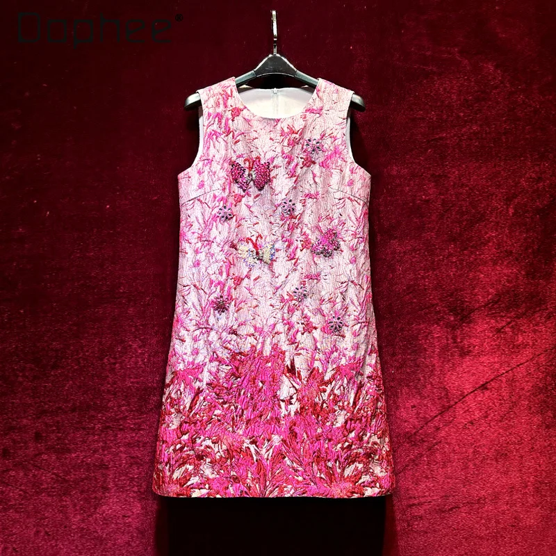 

Light Luxury High-end Rose Red Jacquard Heavy Industry Vest Dress Sleeveless Slim Dress Summer New Temperament A-line Dresses