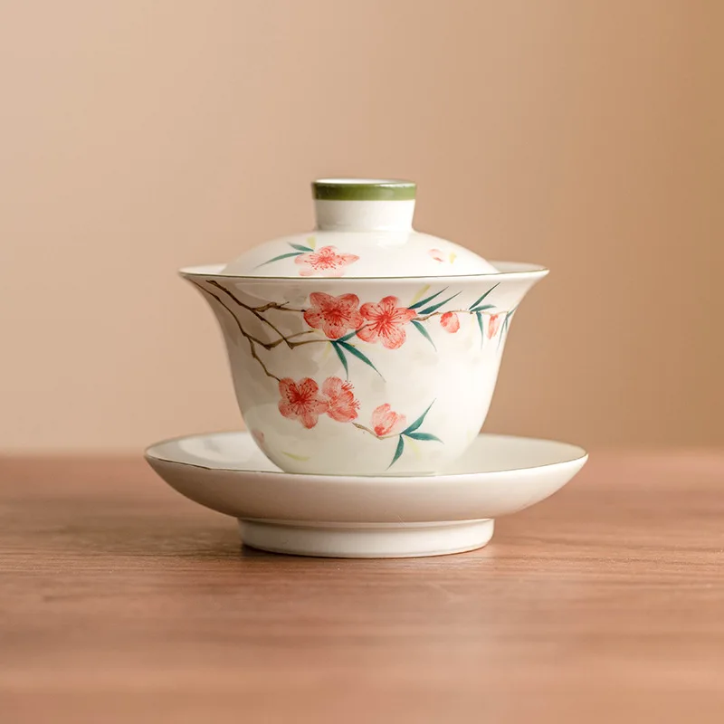 

Hand-painted peach blossom Sancai cover bowl teacup, single high-end Kung Fu tea set, Chinese ceramic household tea brewer