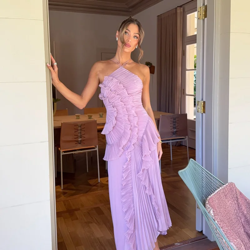 

Ruffles Tiered Pleated Maxi Dress Women Summer Fashion A Line Backless Halter Sexy Dresses Gown Elegant Evening Long Party Dress