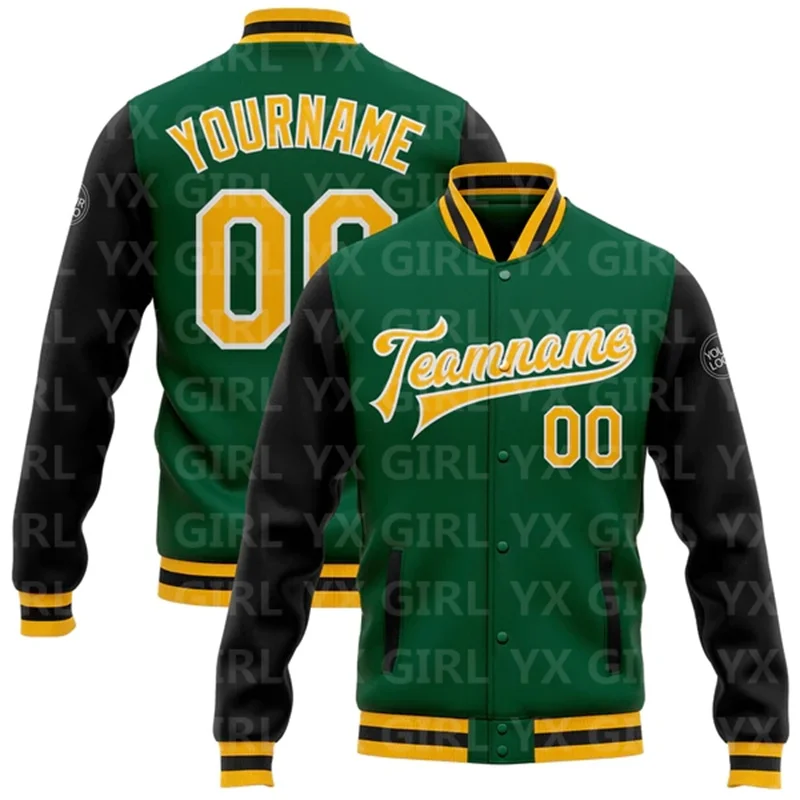 Casaco personalizado Kelly Verde Preto ou Bomber Full Snap Varsity, Casaco De Dois Tons, Casaco De Botão De Beisebol Impresso 3D