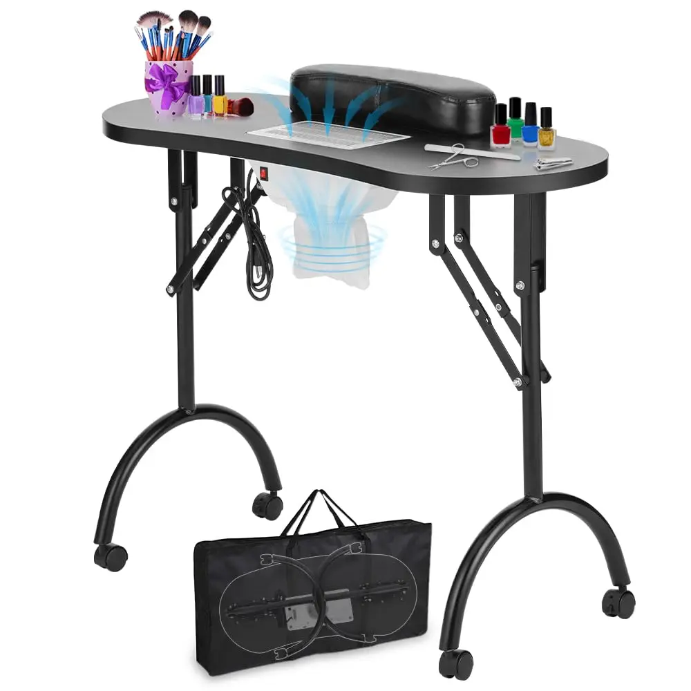 Professional Folding Portable Vented Beauty Manicure Table Nail Desk Salon Spa with Fan &Bag (35''x 16''x 28'') (Black)