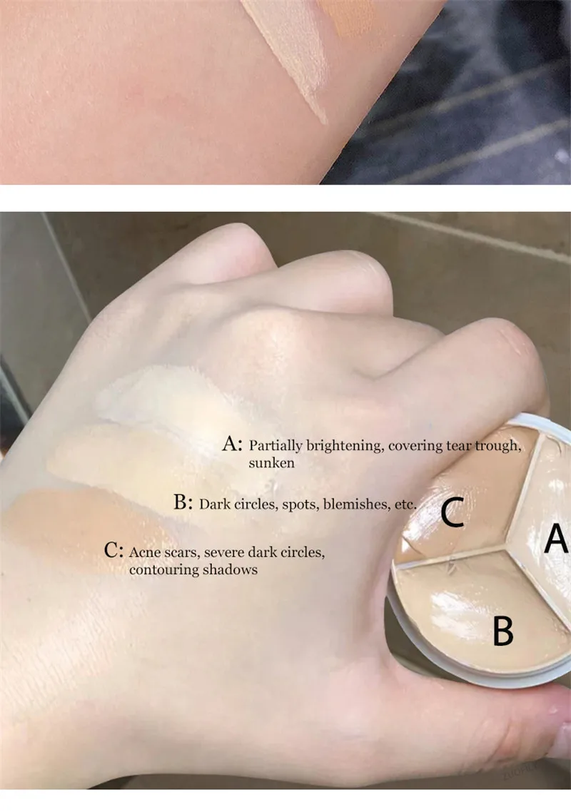 3-Farben Augenaufhellender Concealer & Kontur-Creme mit Voller Abdeckung, Ölkontrolle, Langanhaltend, Korrigiert Flecken, Akne, Augenringe – Detail 6