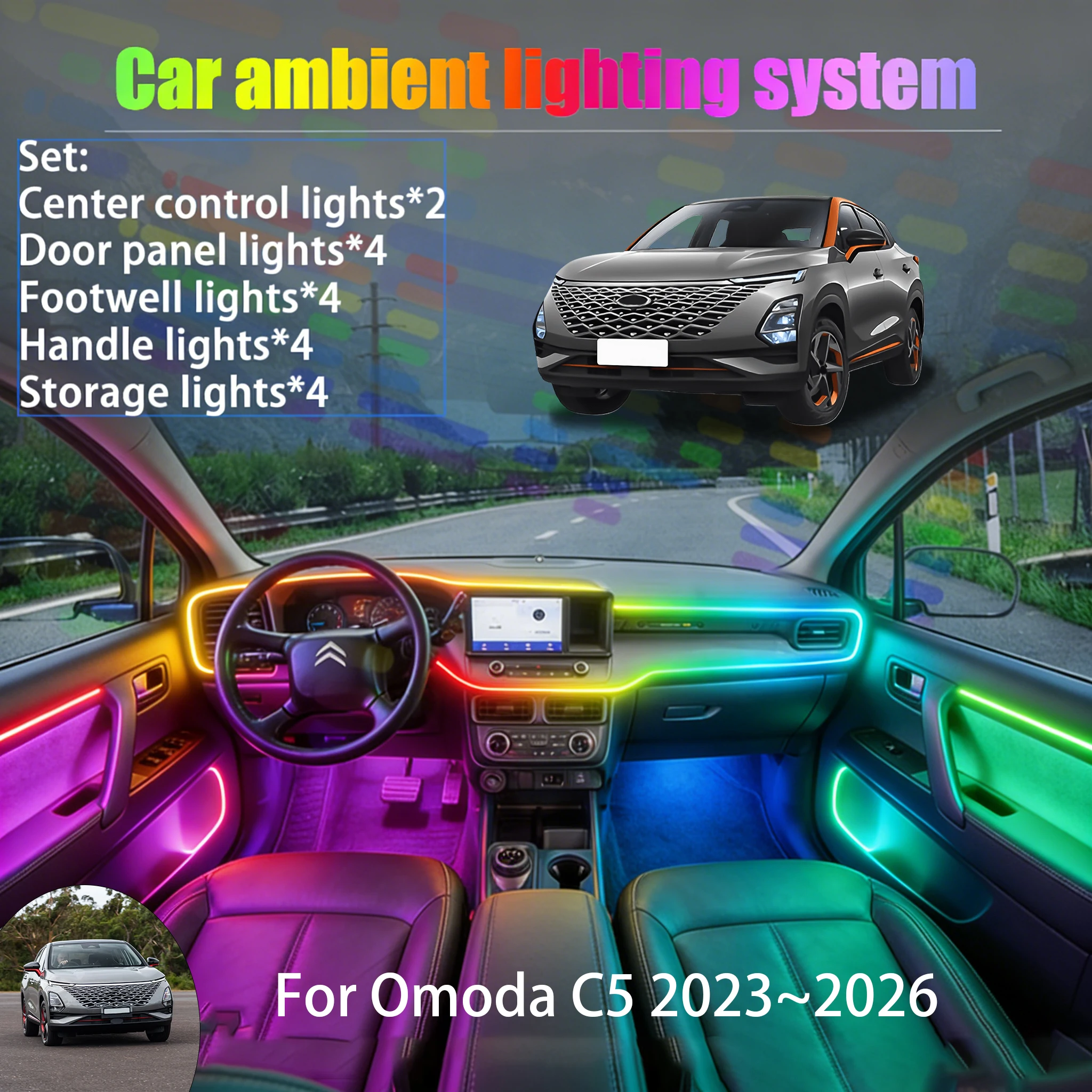 

Для Omoda C5 2023~2026 T34 2/18 в 1: Комплект светодиодной подсветки салона и багажника USB RGB, атмосферная подсветка, автозапчасти