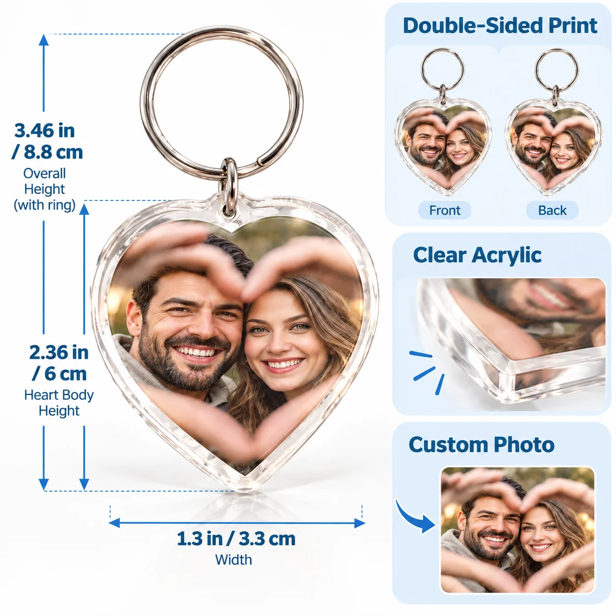 Custom Heart Photo Keychain Double Sided Print Personalized Acrylic Key Ring Plastic Case Charm for Bag Keys Couple Memory Gift