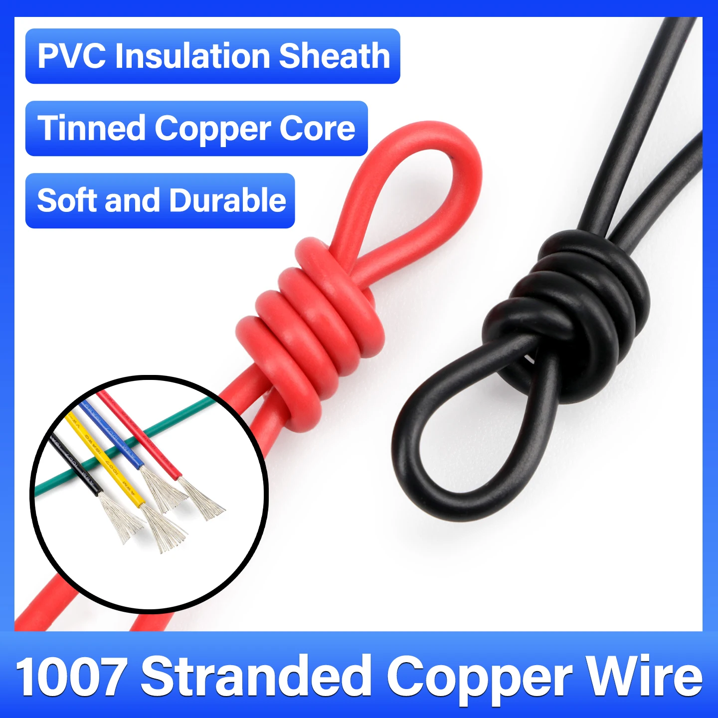 2/5m 1007 Stranded Copper Wire 26 24 22 20 18 16AWG PVC Insulated Electric Cable Tinned Plating Flexible LED Connection