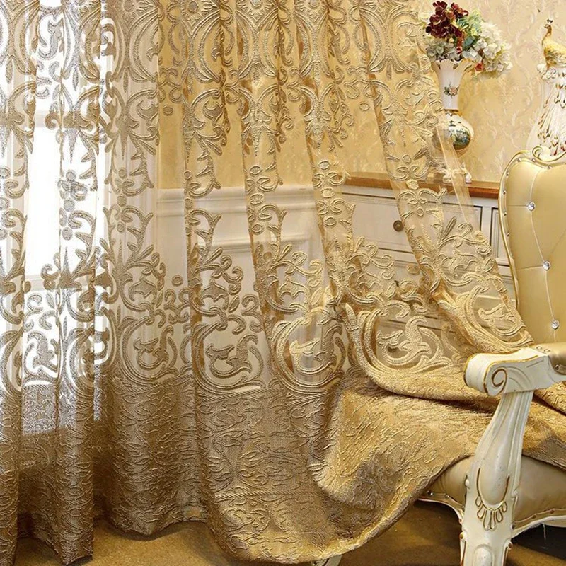 High-end Luxury European Embroidered Curtains Window Screen Tulle Living Room Bedroom Villa Palace Golden Finished Drapes ZH431F