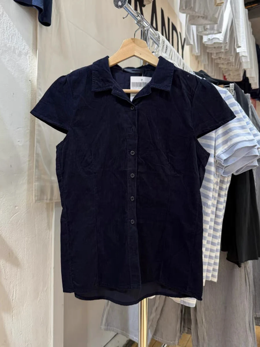 

Vintage Navy Corduroy Short Sleeve T-shirt Women Summer Turn Down Collar Single Breasted Slim Tees Solid Casual Shirts Y2k Tops