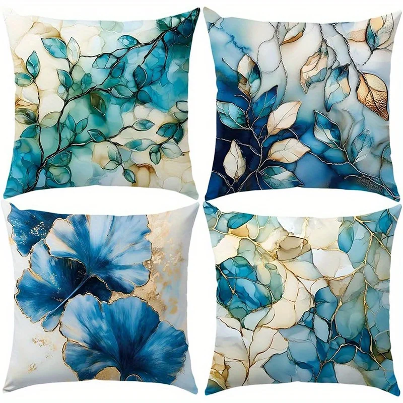 Pillow Cases Covers Pillow Cases Embroidered Blue Gold Floral Leaf Pattern Cushion Cover for Sofa Bedroom Car decor