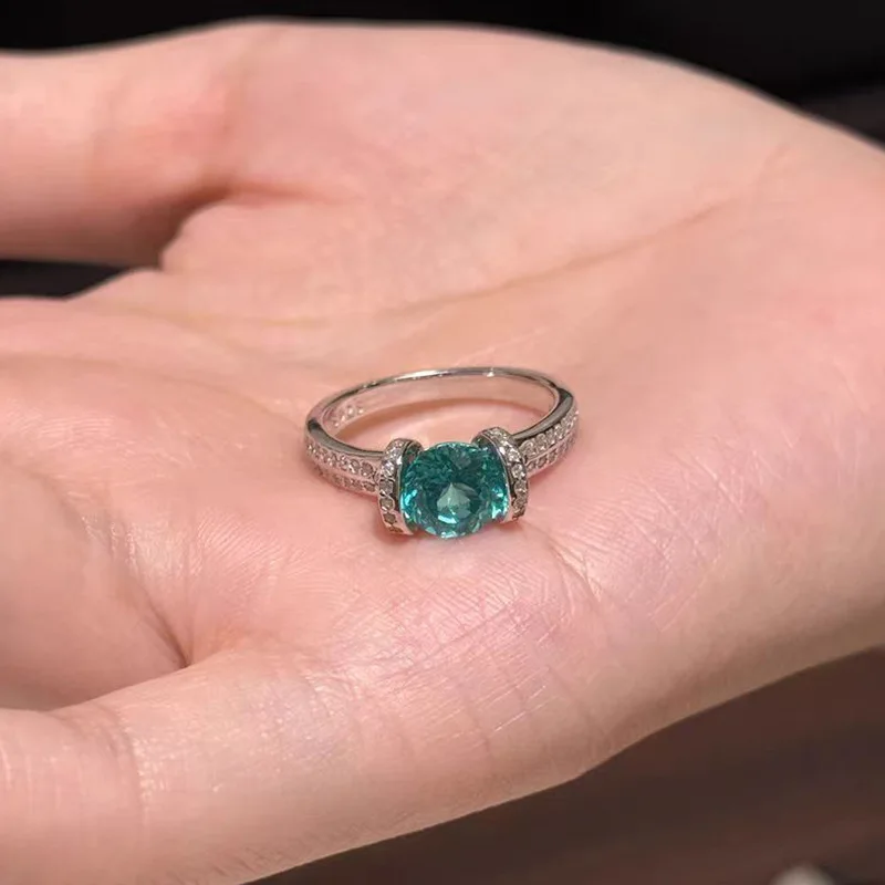 Luxury white gold solid platinum PT950 inlaid with 7.0 round diamond Paraiba color ring for women small fresh